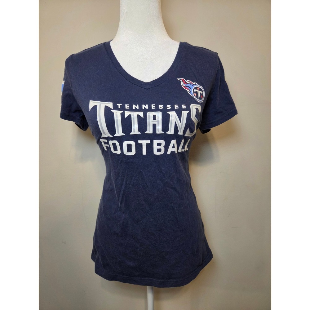 Majestic Tennessee Titans Football V-Neck Shirt Womens Large Navy Blue Striped